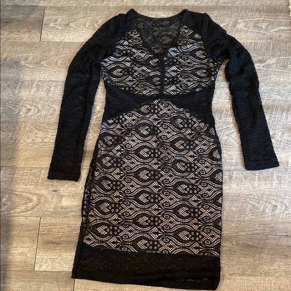 Black and Tan V-Neck Bodycon Midi Dress - Picture 1 of 9